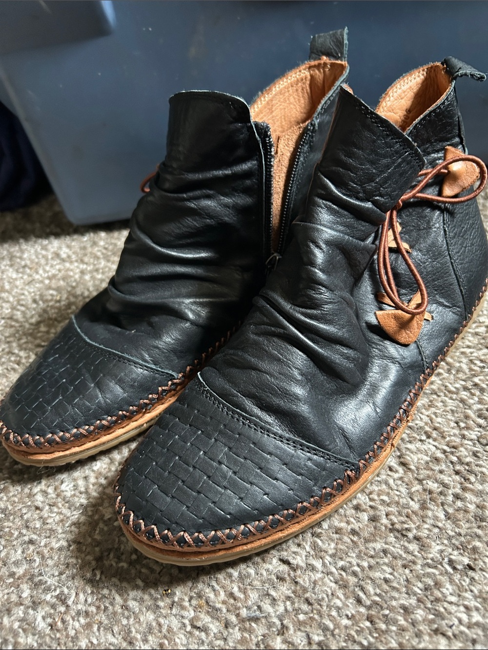 Spring Step Black Leather Ankle Boots with Tan Trim